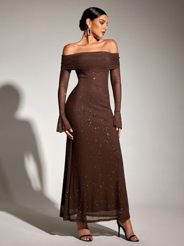Kutumai Women Off Shoulder Bodycon Maxi Dress Long Sleeve Mesh Ruched Party Formal Wedding Guest Dresses Sequin Brown M thumb #3