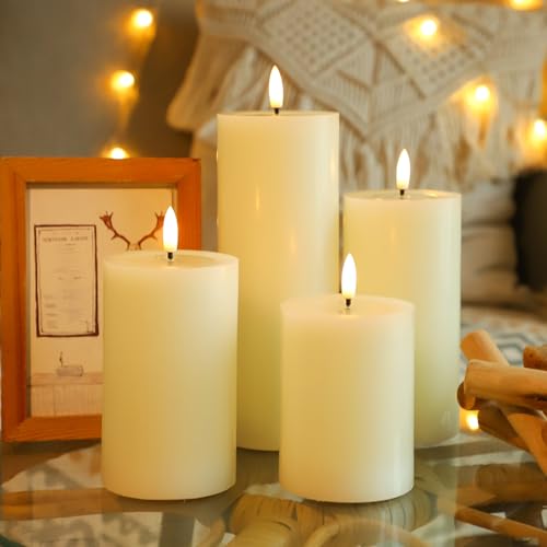 Image of Lezonic Ivory LED Flameless Candles with Remote Timer, 4 Pack Battery Operated Candles Flickering, Grease Design Real Wax Pillar for Wedding Decor, Centerpiece, Birthday Gifts (4 /5 /6 /8 Inch)
