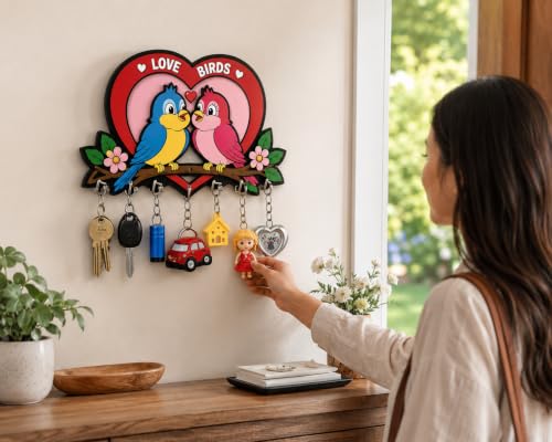 Image of Love Birds Wooden Key Holder for Wall | 7 Hooks Decorative Key Hanger for Home Entrance | Romantic Couple Bird Wall Decor | Key Stand Organizer | Housewarming, Gift