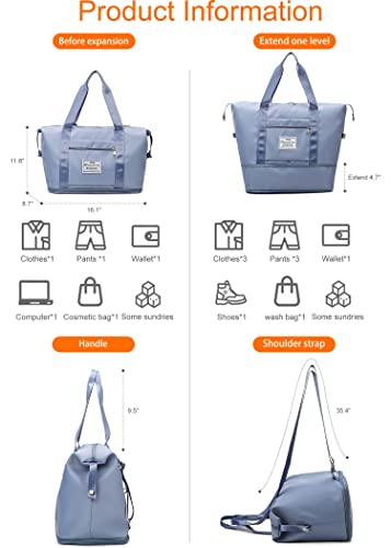 Lightweight Expandable Double Shoulder Strap&Capacity Travel Duffel Bag, Sports Tote Gym Bag, Shoulder Weekender Overnight Bag With Wet Pocket For Women (Blue) #TOP4