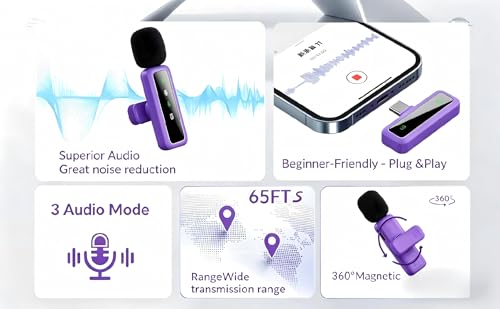 Image of Wireless Lavalier Microphone for iPhone - iPad, Android Phone Computer, Mini Microphone for Live Streaming, Video Recording, Outdoor or Indoor Interviews, YouTube, TikTok, Vlog (Purple)