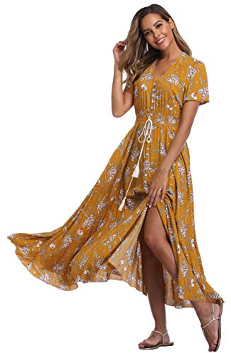 Image of VintageClothing Women's Floral Maxi Dresses Boho Button Up Split Summer Casual Long Dress Beach Party Dress