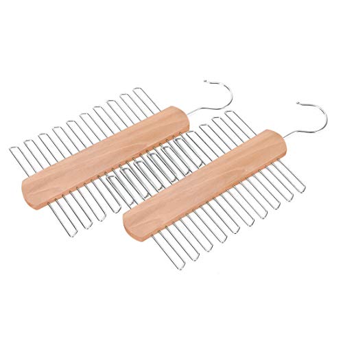 JS HANGER Wooden Necktie and Belt Hanger 2-Pack, Natural Finish Wood Center Organizer and Storage Rack with a Non-Slip Clips Finish - 20 Hooks, 360 Degree Swivel Space Saving Organizer for Men - Thumbnail 5