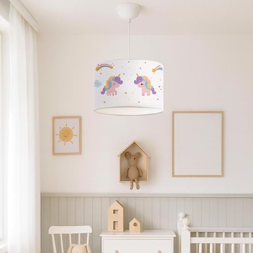 lux.pro Lampada a Sospensione per Cameretta Lampadario per Bambini Lampada da Soffitto con Paralume Cilindrico Ø28 Bianco Design Unicorno