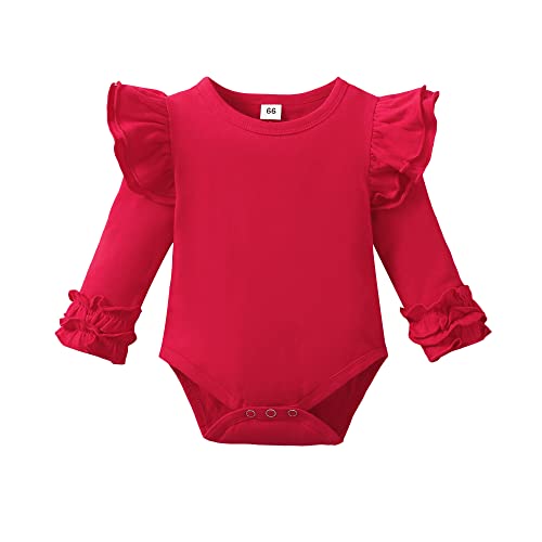 Image of Sanpersonlin Baby Girl Solid Color Romper Infant Ruffle Sleeve Bodysuit One Piece Outfit Toddler Jumpsuit clothes