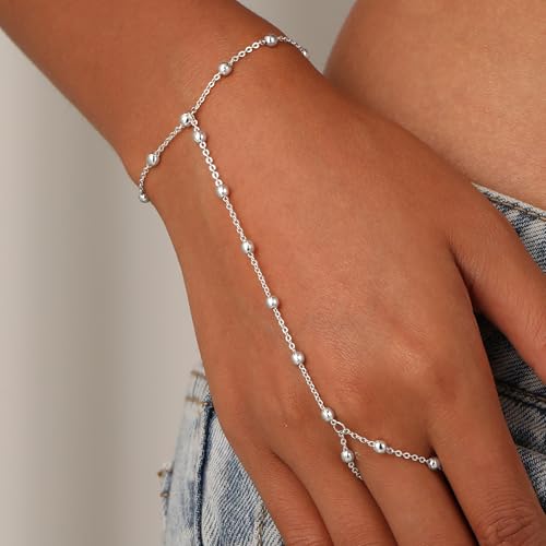 Image of Hand Chain Bracelet for Women Trendy, Dainty Silver Beaded Finger Ring Bracelet Non Tarnish Minimalist Adjustable Simple Cute Silver Bracelets Waterproof Fashion Jewelry