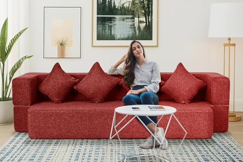 Image of C-Type Sofa Cum Bed 3-Seater Convertible Jute Fabric Sofa with Cushions, Modern Space-Saving Design for Living Room & Guest Room - Red Color