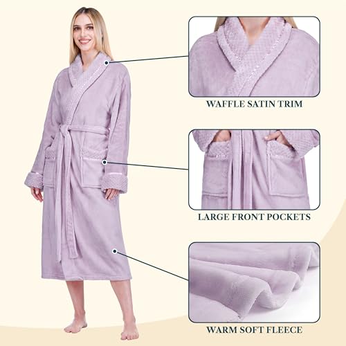 Image of PAVILIA Women's Plush Fleece Robe, Soft Cozy Long Bathrobe with Satin Waffle Trim, Warm Lightweight, Pockets & Tie Belt