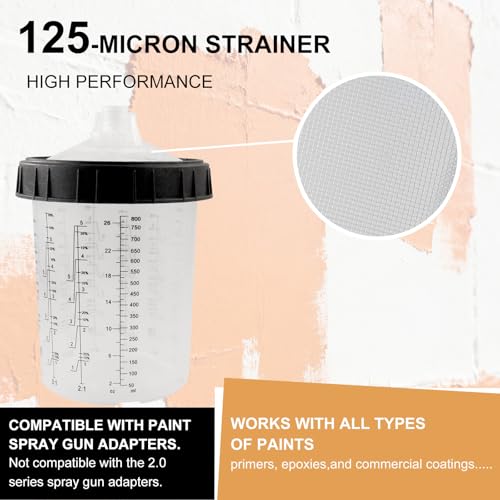 Image of RRJ Disposable Paint Cup Automotive Spray Gun Paint System, for LVLP /HVLP Spray Gun Kit 27 Ounce(800ML) Mixing Cups with 50 Liners and Lids, 1 Hard Cup with Retainer Ring, 2 Adapter, Stirrer