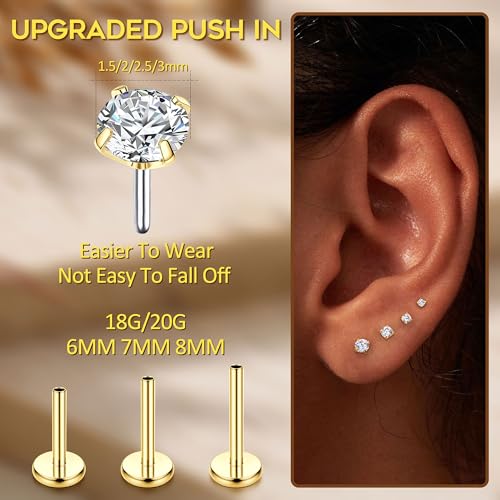 FUNRUN JEWELRY 14K Gold Nose Studs For Women 316L Surgical Steel Threadless Nose Ring Lip Studs Push In Flat Back Stud Earrings Cz Nose Nostril Tragus Helix Body Piercing Jewelry Silver Gold 20G 18G2