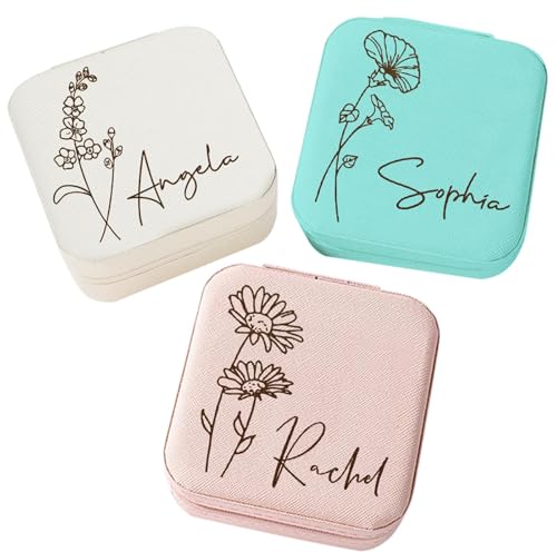 Corissy Personalized Jewelry Box for Women, Custom Travel Jewelry Case with Name and Birth Flower, Leather Jewelry Box for Rings, Earrings, Necklaces, Personalized Gifts for Women