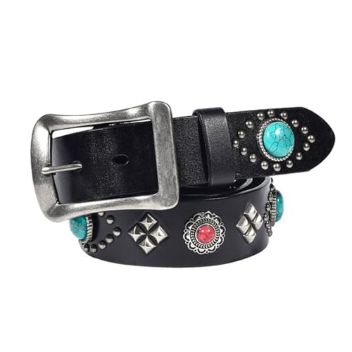 Studded Punk Women's Belt, Metal Pin Buckle Rock Personalized Turquoise Embellished Cowhide Belt