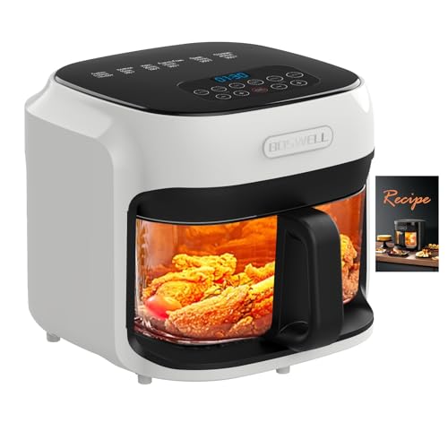 BOSWELL Glass Air Fryer, 7.5QT with Transparent Fry Bowl, Circulating Heating, Temperature Control, Stainless Steel Air Fryer Roast, Dishwasher Safe (white)