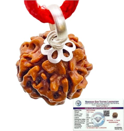Image of Siddha 4 /Four Mukhi Pure Rudraksha, Laboratory Certified, Carefully Capped with Silver Between Nepalese Beads with Handmade Tassel, Size 16mm-22mm, Color-Brown (4 Mukhi Silver Rudraksha)
