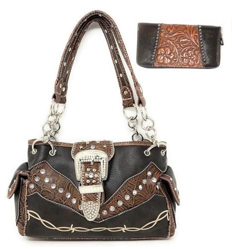 Western Premium Suede Leather Cross Buckle Floral Women's shoulder handbag Wallet Set