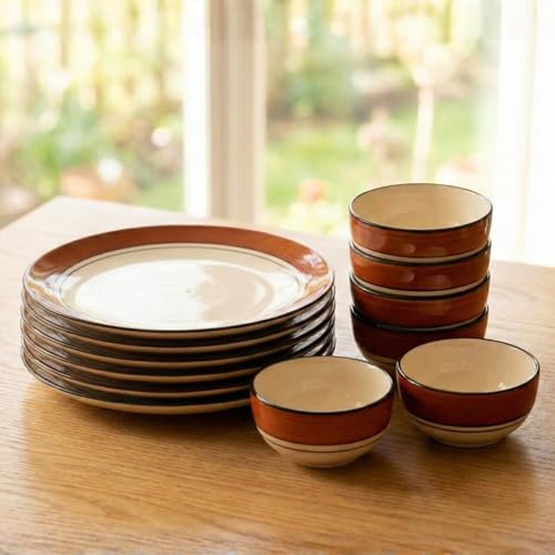 Image of Freakway Glossy browny Glossy Brown and White Ceramic Plates for Dinner with Katoris (12 Pieces, 6 Bowl & 6 Plates, Dishwasher & Microwave Safe) -Dinner Sets Ceramic Bowls Set Dinnerware Sets