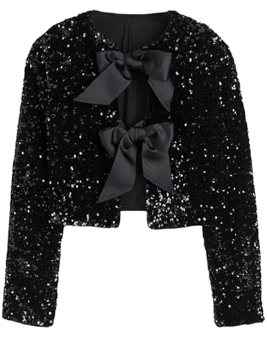 Women Tie-Front Sequined Jacket Long Sleeve Sparkling Cropped Top with Bow Party Concert Night(Black-L)