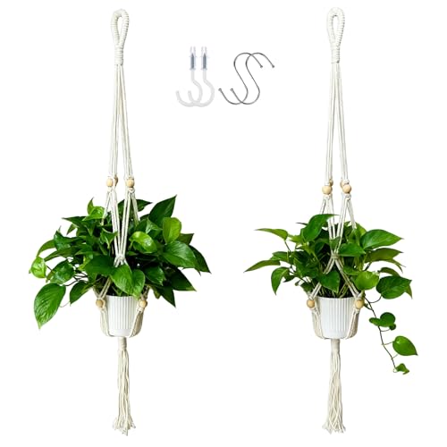 HahaMagic Juego de 2 Soportes Macramé para Plantas con Borla, Colgadores Boho para Decoración Hogar, Salón, Pasillo y Dormitorio, Maceteros Colgantes de Algodón con 4 Ganchos (Maceta No Incluida)