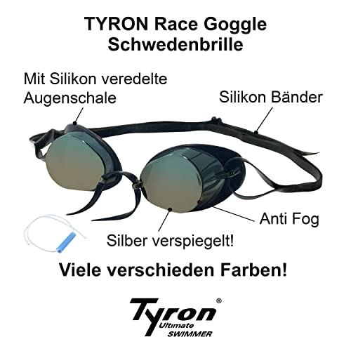 Tyron Performance Race Goggle (Anti-FoG - gold verspiegelt) | Schwimmbrille | Weiterentwicklung der Schwedenbrille mit soften Silikonrand/-Steg