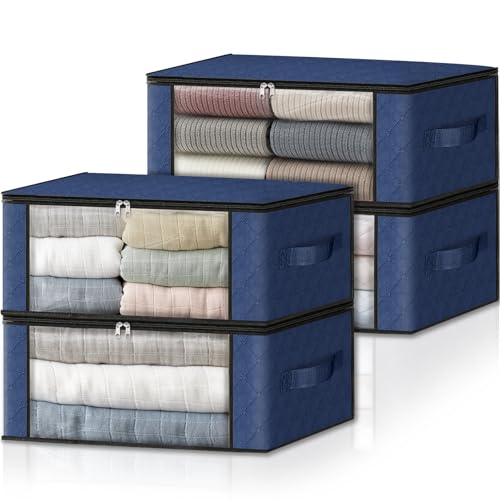 HomeHacks 4-Pack Clothes Organizer Storage Bags, 35L Storage Bins, Blue