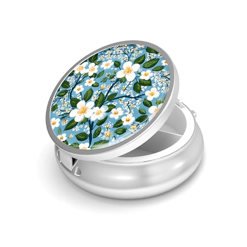 Image of Pill Box-3 Compartment Small Pill Case for Purse & Pocket Mini Metal Pill Holder Travel Pill Container to Hold Supplements Vitamins BPA-Free (A-Flowers-01)