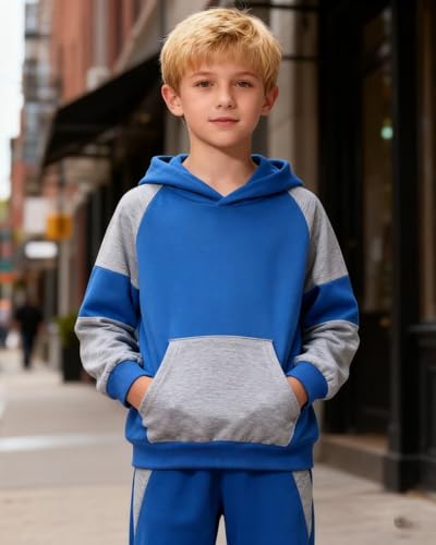 Image of 5-11Y Boys Clothes Long Sleeve Hooded Pullover Colorblock Sweatshirt + Pants 2pcs Fall Winter Outfit Set