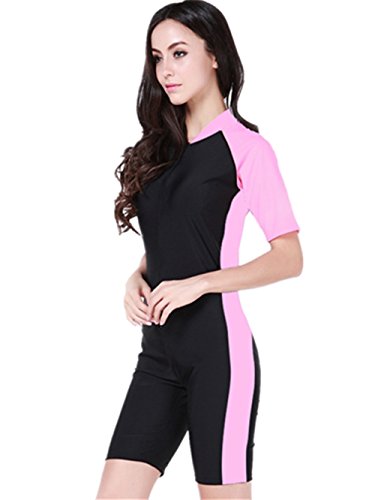 CaptainSwim One Piece Short Sleeved Swimsuits Full Coverage Modest Swimsuits Surfing Suit Sunscreen Diving Suits (Pink, Int'l-L Height(170-175cm))