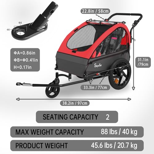Image of Sepnine Kids Bike Trailer, 2 in1 Canopy Carrier Converts to Stroller Suitable for 1 to 2 Kids, 12+ Months, Quick Attach to Bike, Foldable, with 5-Point Harness and Storage Bags