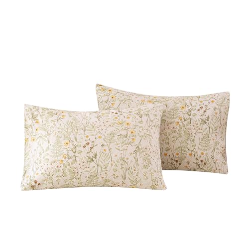 Image of ECOCOTT Floral Pillowcases Queen Size 2 Pack, 100% Washed Cotton Pillow Cases with Envelope Closure, Green Botanical Wildflower Printed Pillow Covers