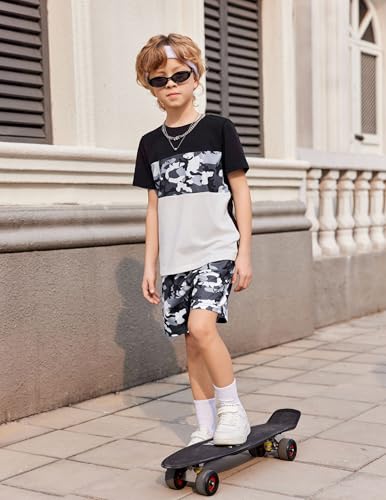 Image of Arshiner Boys' 2-Piece Cotton Outfit Color Block T-Shirt and Shorts Set Summer Camo Clothes for Kids 5-14 Years