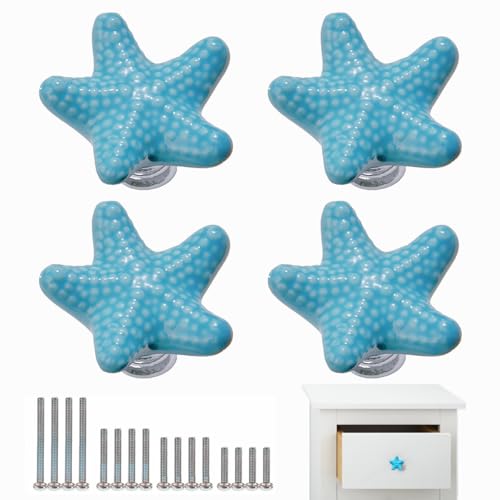 4 Piezas Tiradores Armarios, Pomos y Tiradores de Muebles, Pomo de Armario, Cerámica Tirador Cajón Forma de Estrella de Mar, Para Puertas Armarios de Cocina, Con Tornillos de 4 Tamaños (Azul)