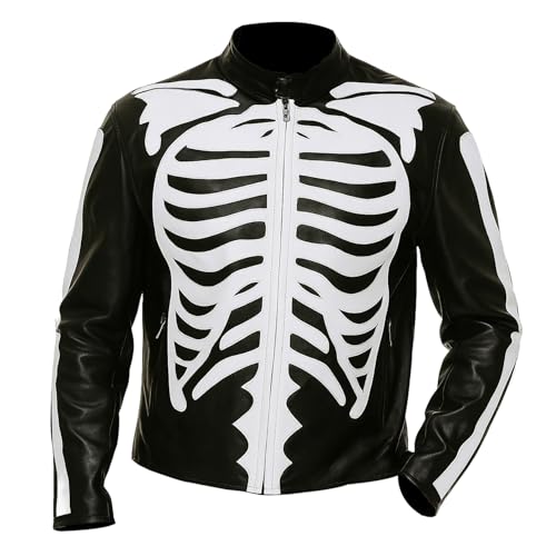 Image of Halloween Men's Black Skeleton Bone Print Leather Jacket | Theme Party Costume Cosplay Fashion Style Biker Real Leather Jacket