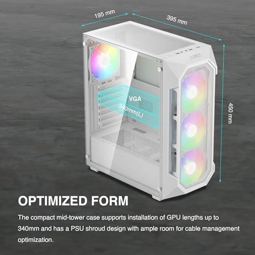 GAMDIAS White ATX Mid Tower Gaming Computer PC Case w/Tempered Glass, Built-in 4X 120mm ARGB Fans, Support Up to 6X 120mm Fans, 360mm AIO/Radiator, 340mm GPU/VGA, 160mm CPU Air Cooler - Image 7