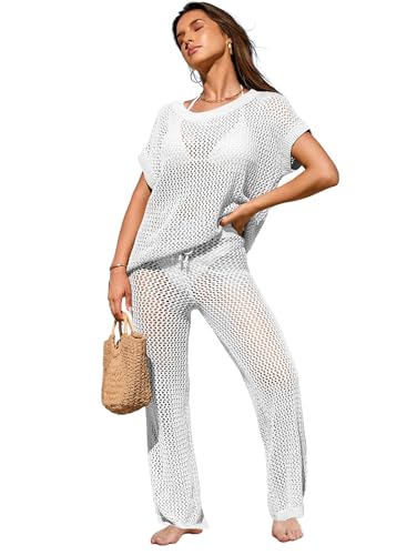 Famulily Womens 2 Piece Hollow Out Cover Up Set Crochet Knitted Outfits with Short Sleeve Tops and Long Pants