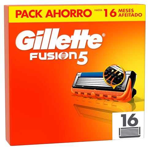 Gillette Fusion5 Pack de 16 Recambios Para Maquinillas De Afeitar, Cuchillas De Afeitar Con 5 Hojas, Banda De Gel Lubricante y Recortadora De Precisión