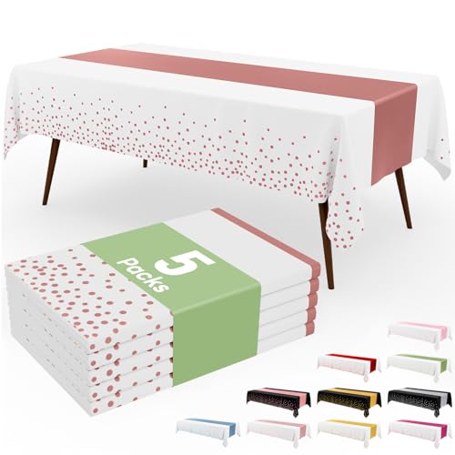 Image of Smiry Plastic Table Cloth Disposable 5 Pack, 54 x 108 Inch Rectangle Waterproof Tablecloth, Printed Gold Table Runner Style for Birthday Weeding, Party, Leakproof & Sturdy, Rose Gold and White
