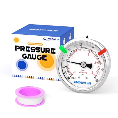 Image of MEANLIN MEASURE -30inHG~60Psi Vacuum Pressure Gauge 1 /8 inch NPT 2.5 inch FACE DIAL, Stainless Steel Liquid Filled Pressure Gauge WOG Water Oil Air Center Back Mount (with 2PCS Snaps)