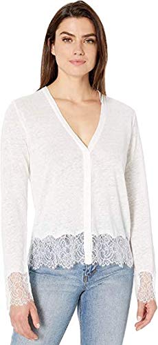 Majestic Filatures Women's Linen Cardigan with Lace Trim, Blanc, 1