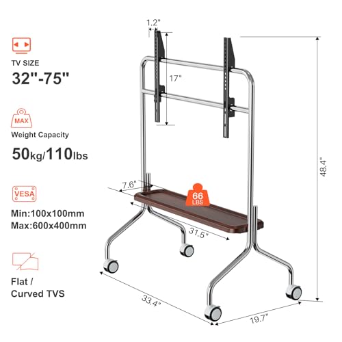 Image of Mobile TV Cart Easel Rolling TV Stand for 32 to 75 Inch LCD LED OLED Flat Panel Screens, Stainless Steel Portable Floor TV Stand with Locking Wheels Hold Up to 110 Lbs Max VESA 600x400mm