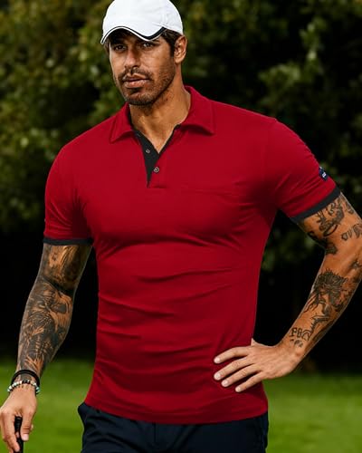 Camiseta polo para hombre KUYIGO, corte slim, de algodón, casual con cuello abotonado y bolsillo en el pecho, ideal para oficina, golf, viajes o uso diario miniatura 3