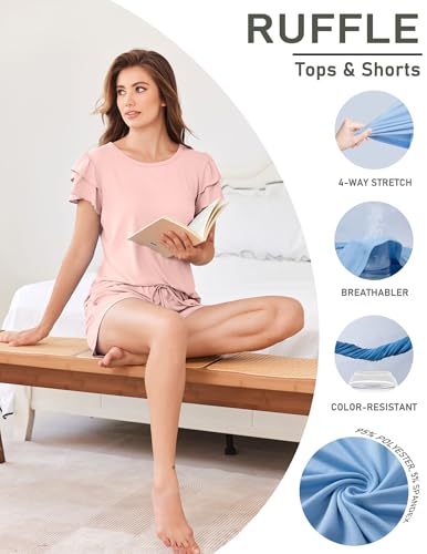 Image of Ekouaer Womens Pajama Sets 2 Piece Ruffle Sleeves Top and Shorts Pjs | Soft Sleepwear Cute Loungewear Set with Pockets for Sleep, Lounge, Wedding, Party, Bridal