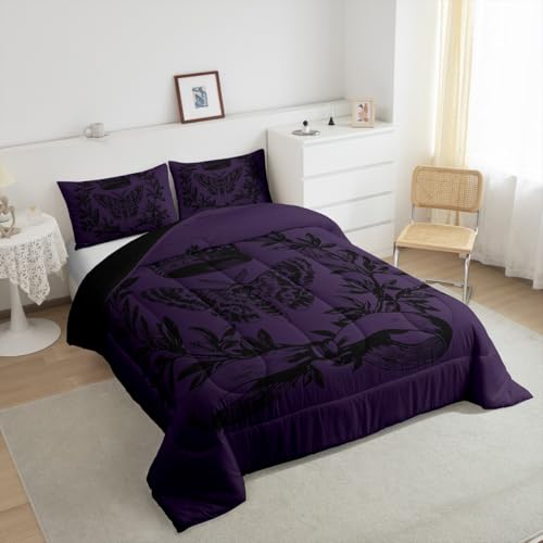 Image of Feelyou Kids Skull Set Twin Size, Black Purple Demask Bedding Set Vintage Demask for Boys Girls Floral Duvet Insert Bed Set 2Pcs