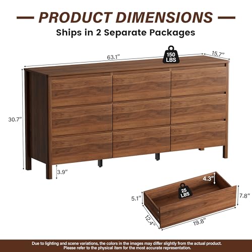 Image of Furniway 63 inch Mid-Century Modern Dresser for Bedroom, 9 Drawer Wide Chest of Drawers with Wood Legs, Large Storage Bedroom Dresser, Walnut