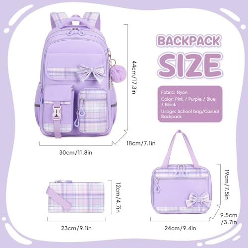 Tanou Schoolrugzak voor Meisjes, 3 Stuks, Met Lunchtas, Etui, 22 Liter, Ademende Schooltas, Tienermeisjes, Voor 3-9 Klassen, Rugzak Voor School En Reizen, Lila Liefde, Schattig