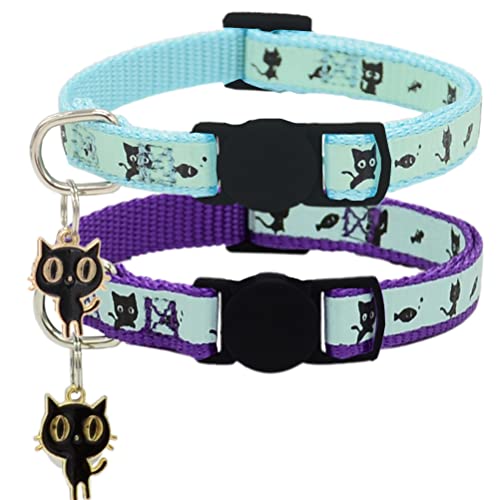 Image of 2 Pack Glow in The Dark Cat Collar with Bell Breakaway Safety Cat Puppy Collars with Pendant Purple and Light Blue
