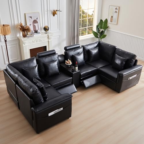 Image of RARZOE Faux Leather Sectional Sofa with 2 Power Recliner, U Shaped PU Leather Couch with Storage Console Charging Cup Holders, 6 Seater Oversized Modular Reclining Couches for Living Room,Black