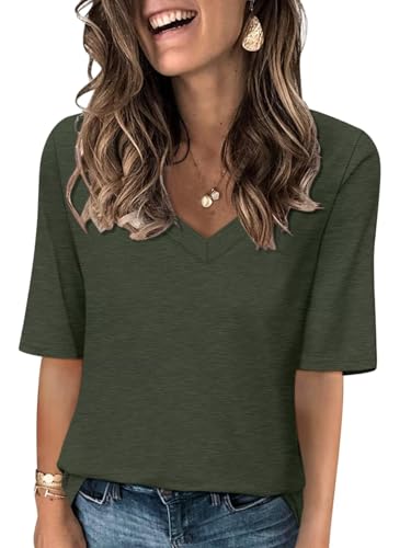 TICTICMISS Women's V Neck T Shirts Half Sleeve Tops Casual Solid