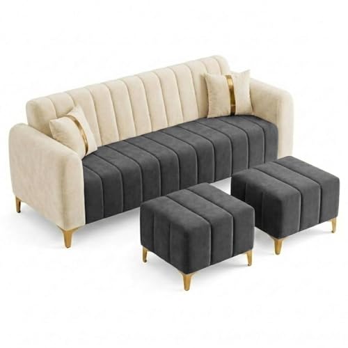 Image of FURNY Harmony 5 Seater L Shape Sofa Set with 2 Movable Ottoman & Golden Legs | Flexible Left or Right Layout | Plush Velvet Fabric (Dark Grey-Cream) | Perfect for Living Room, Guest Room & Office