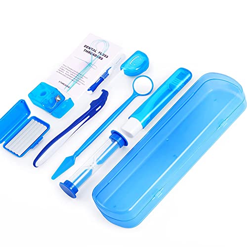 ZKSMNB Kit de Cuidado de Ortodoncia, Kit de Limpieza de Ortodoncia Portátil, Espejo Dental Cepillo Interdental Hilo Dental Cera Dental, Kit de Viaje de Cuidado Bucal 8 Piezas (Azul)