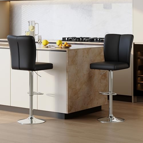 Image of Swivel Bar Stools Set of 2 - Black Barstools with Back,Adjustable Counter Height Bar Stools with Sturdy Metal Legs,Leather Counter Height Stools Ideal for Kitchen Island Pub(25''-33''H)